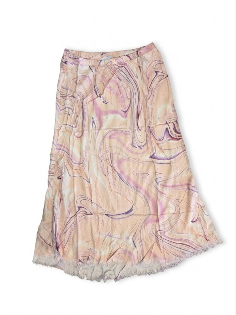 Olivaceous NWOT Abstract Marble Print Midi Skirt M Pink Rayon Frayed Boho New
